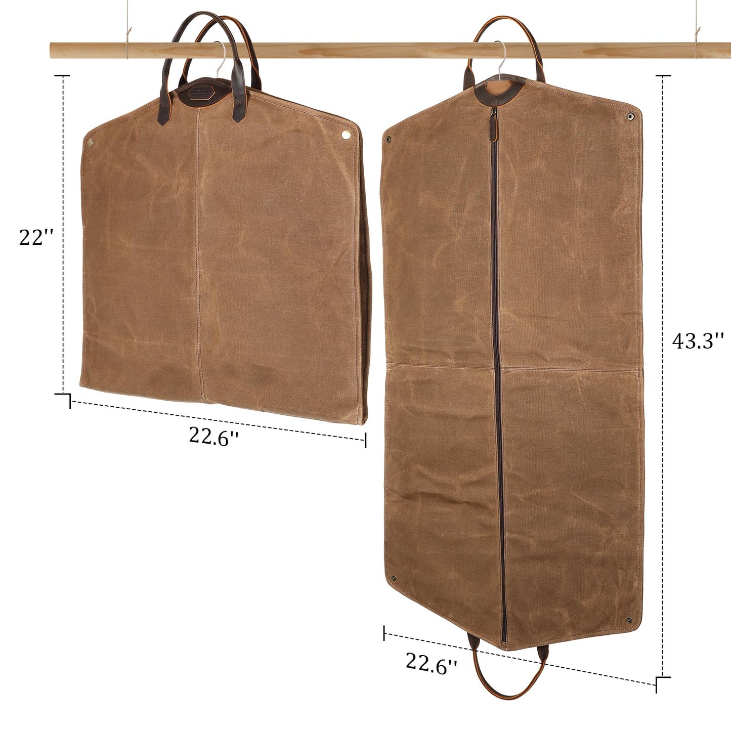Polare 43” Waxed Canvas Full Grain Leather Trim Garment Bag for Travel, Large Carry on Business Suitcase Cover with YKK Zipper, Waterproof Hanging Suit Garment Cover with Handles,1 pack(Brown)
