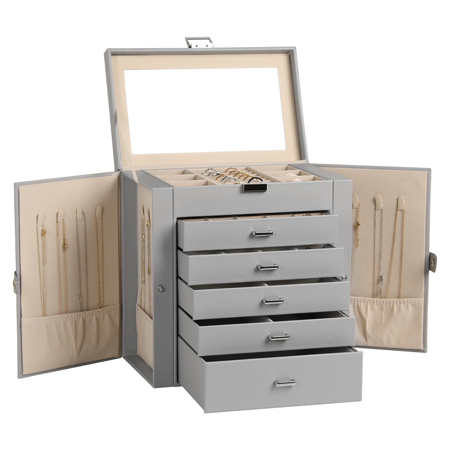 Frebeauty Large Jewelry Box,6-Tier PU Leather Jewelry Organizer,Multi-functional Storage Case with Mirror,Accessories Holder with 5 Drawers for Necklace Bracelets Watches(Grey)