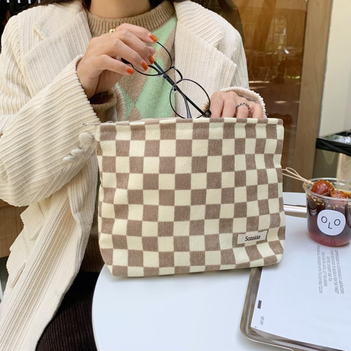 BIVIZKU Travel Checkered Makeup Bag, Corduroy Cosmetic Bag for Purse, Small Cosmetic Zipper Pouch Cute Travel Checkered Makeup Bag Gift for Women,Girls (woven checkered)