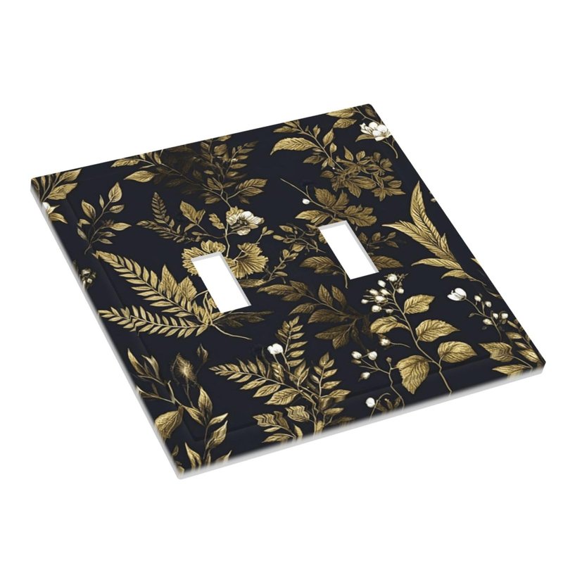 Xuejiaku Decorative Light Switch Plate Covers Rustic Black Glod Leaf Herbaceous Plants 2 Gang Light Switch Cover Plate Unique Double Toggle Wall Plate Outlet Covers Faceplate for Bedroom Decor