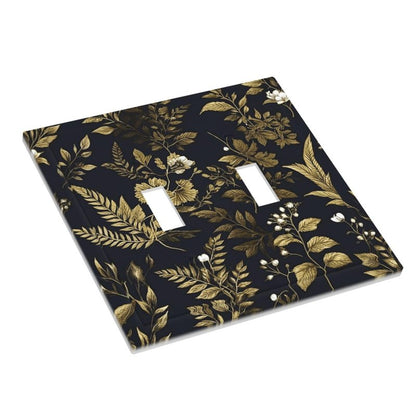 Xuejiaku Decorative Light Switch Plate Covers Rustic Black Glod Leaf Herbaceous Plants 2 Gang Light Switch Cover Plate Unique Double Toggle Wall Plate Outlet Covers Faceplate for Bedroom Decor