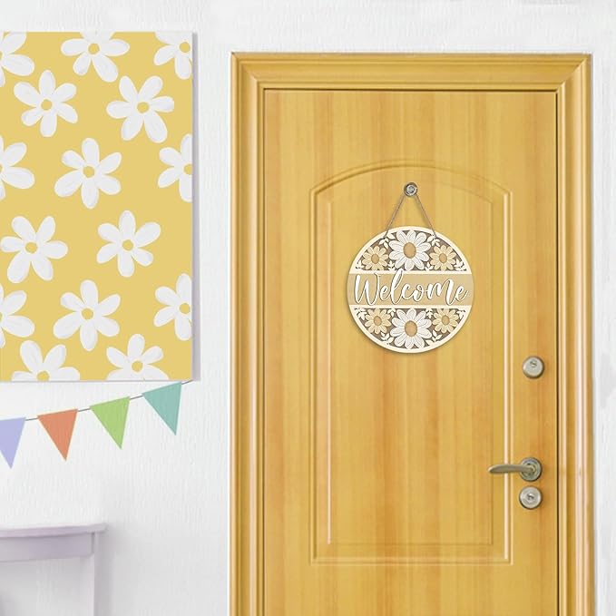 Deroro Welcome Spring Summer Daisy Flower Front Door Sign, Yellow Floral Farmhouse Wood Door Hanger Outdoor Outside Porch Decor, Rustic Seasonal Wooden Wreath Indoor Wall Hanging Decoration