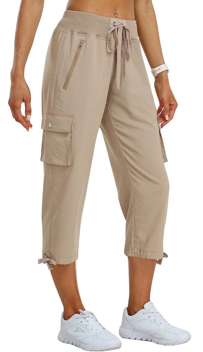 MoFiz Womens Capris with Pockets Loose Fit Casual Capri Pants Lightweight Ladies Cargo Pants for Hiking Khaki M