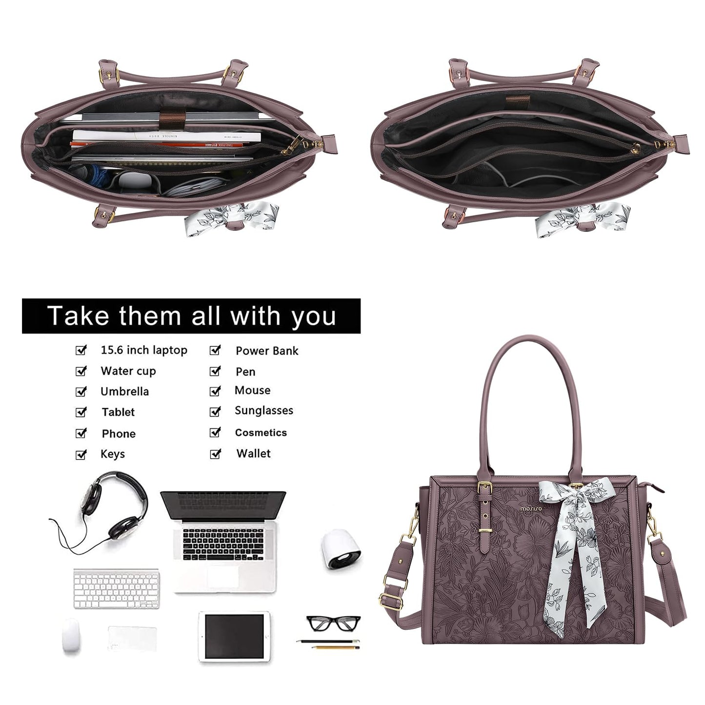 MOSISO Laptop Bag for Women, 17-17.3 inch PU Leather Tote Bag Compatible with MacBook, HP, Dell, Asus Notebook, Front Embossed Retro Hibiscus Computer Bags with Silk Scarf&Clutch Purse, Slate Purple