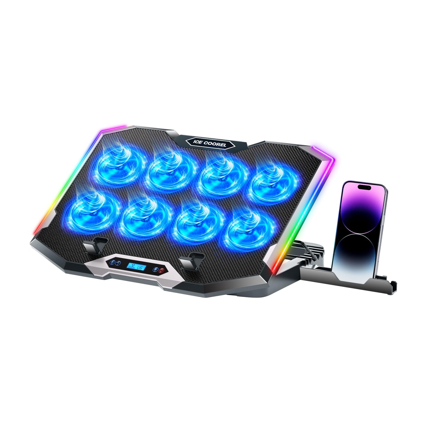 ICE COOREL Gaming Laptop Cooling Pad with 8 Cooling Fans, Laptop Fan Cooler Pad for 15-17.3 Inch, Notebook Cooler Stand with 6 Height Adjustable, RGB Cooling Pad with Two USB Port + Phone Stand