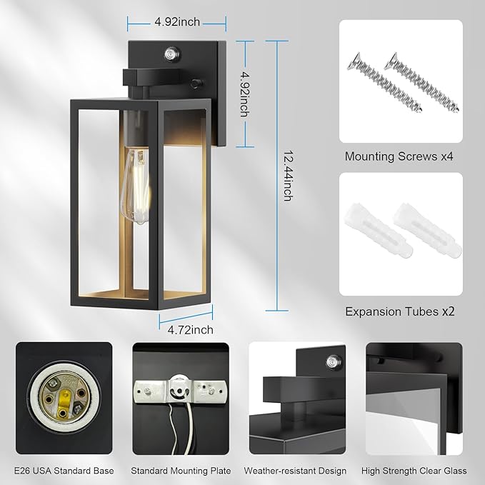 Dusk to Dawn Porch Outdoor Light, 2 Pack Wall Light Fixtures Waterproof Exterior Wall Sconce Light Fixture with E26 Base for Patio Entryway Hallway (Bulb not Included)