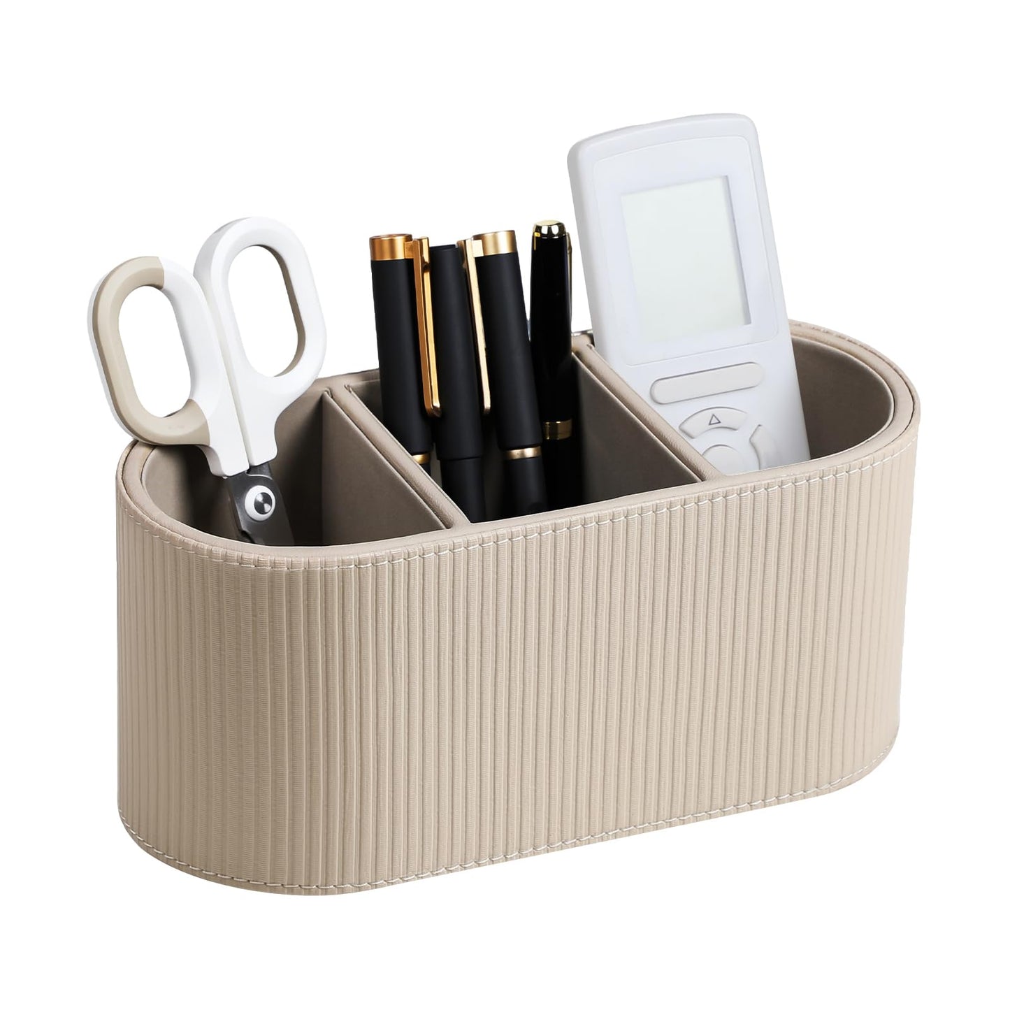 Cretkhp Aesthetic Remote Control Holder, PU Leather Pen Holder for Desk with 3 Compartments for Home Office Supplies and Accessories, Stylish Bedside Remote Holder Nightstand Desktop Organizer (Beige)