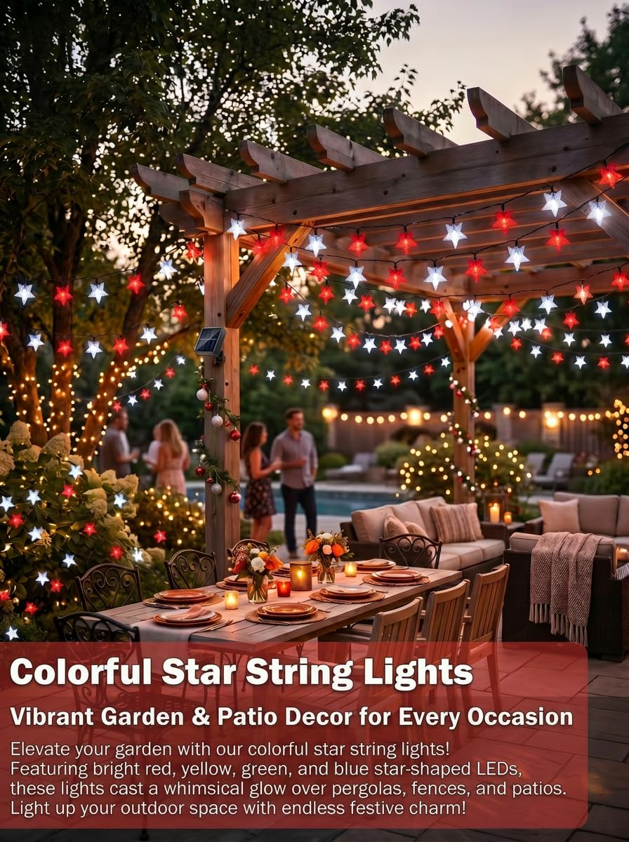 Serpouliom Christmas Stars String Lights Solar Star Twinkle Lights 23FT 50LED 8 Modes Solar Powered Fairy Decorative Light Waterproof Lights for Gardens Lawn Patio Party Decor(Red&White, 1 Pack Star)