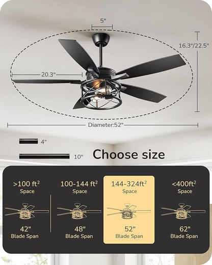 EDISHINE 52" Black Farmhouse Ceiling Fans With Lights, Remote Control, Dimmable, Reversible DC Motor, 5 Wooden Blades Rustic Indoor/Outdoor Ceiling Fan for Living Room Bedroom Porch