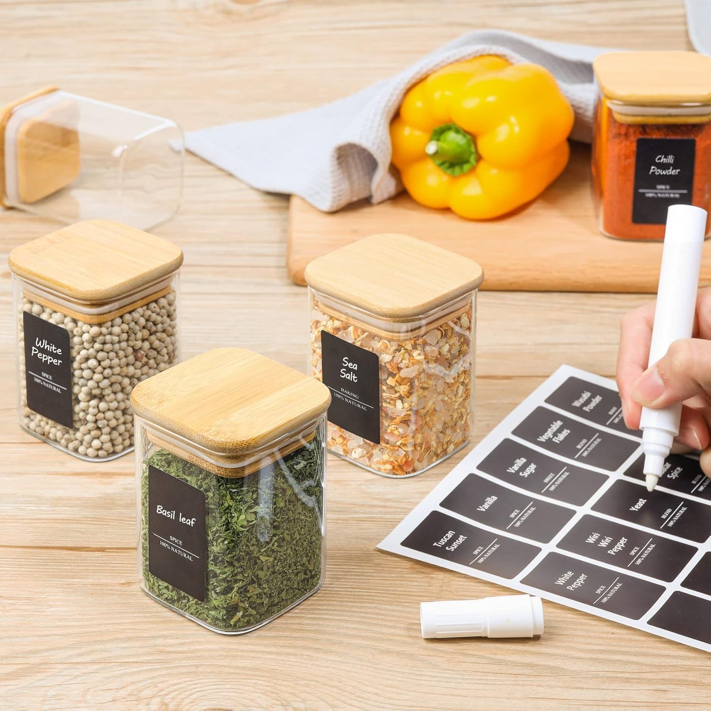 ComSaf 16Pcs Glass Spice Jars with Bamboo Lid, 4oz Airtight Square Spice Containers with 275 Black Lables, Empty Seasoning Jars for Spice Salt Sugar