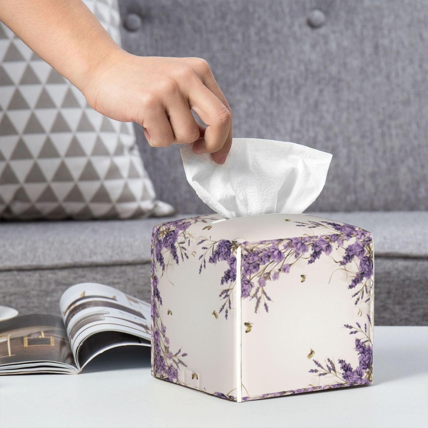 YPPAHHHH Square Tissue Box Cover Vintage Purple Lavender Cube Tissue Box Cover Pu Leather Tissue Box Holder for Office Kitchen Car Bathroom Facial Paper Organizer Dispenser Cover