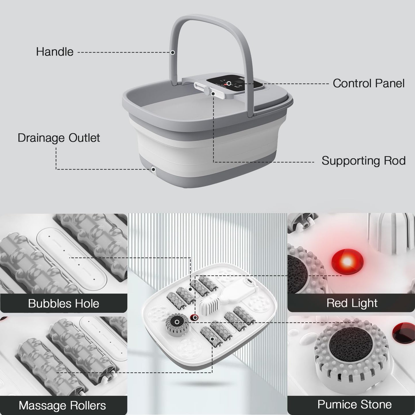 HOSPAN Collapsible Foot Spa with Heat, Bubble, Red Light, and Temperature Control, Foot Bath Massager with 8 Shiatsu Massage Rollers, Pedicure Foot Spa for Relaxation and Stress Relief, Black