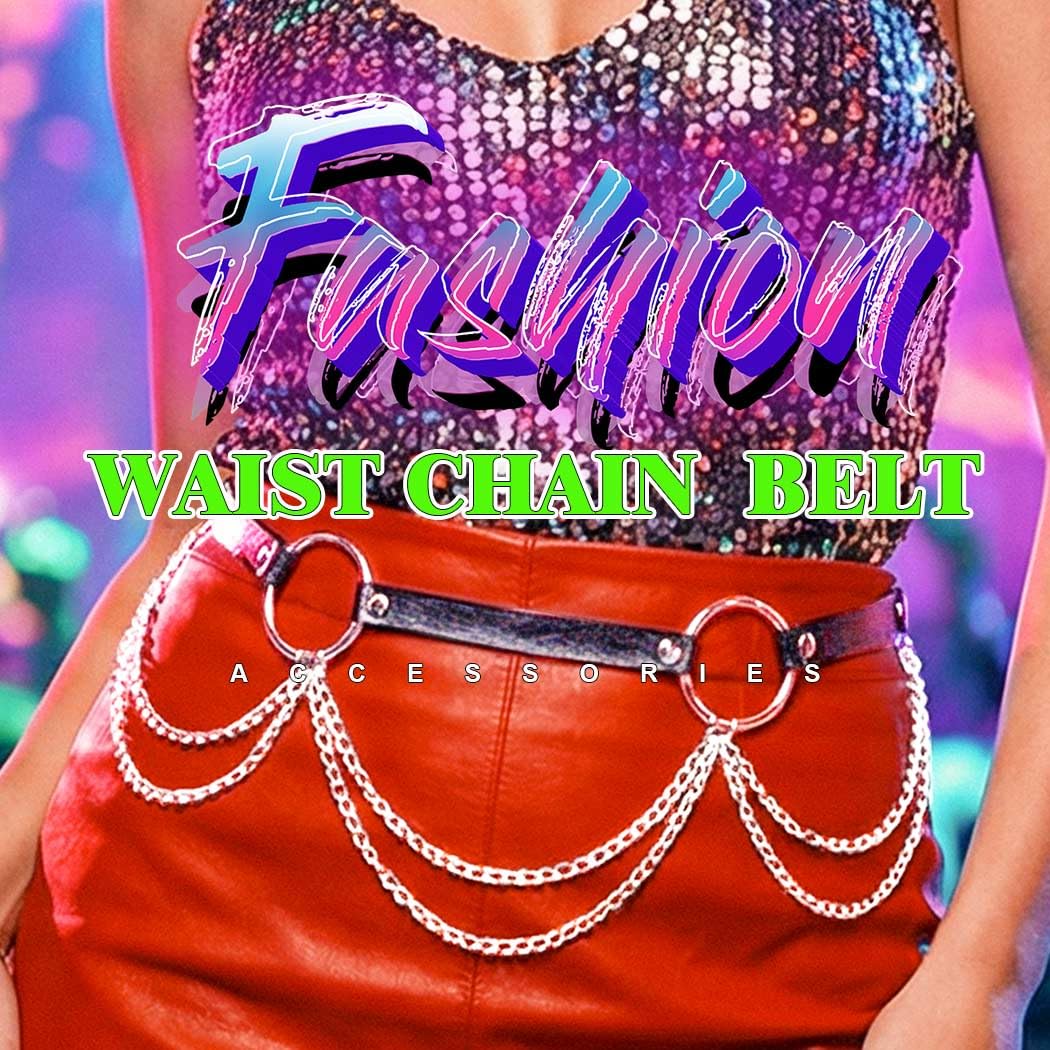 REETAN Goth Waist Chain Belt Black Leather Rave Punk Body Accessories for Women