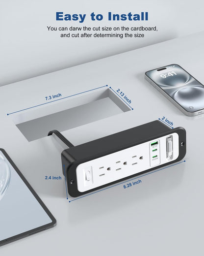Recessed Power Strip with Retractable USB C Cable,2 PD 20W USB C,Flush Mount Countertop Drawer Outlet, Furniture Hidden Outlet for Side Table,End Table,3 Outlets (White and Black, 6FT-20W)