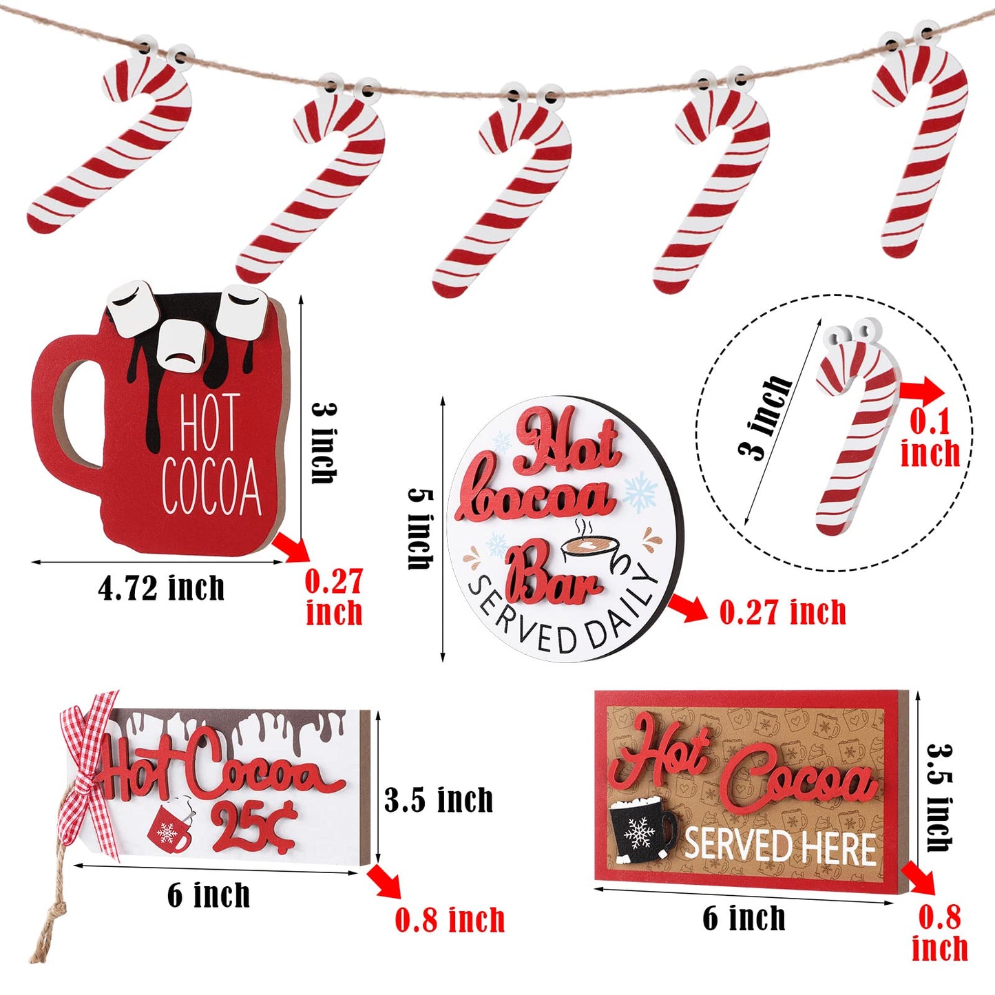 Yalikop 5 Pieces Christmas Hot Cocoa Wooden Signs Tiered Tray Decoration Hot Cocoa Decor Warm Winter Tabletop Wooden Block Sign Christmas Candy Canes Tiered Tray Decorations Holiday Table Centerpieces