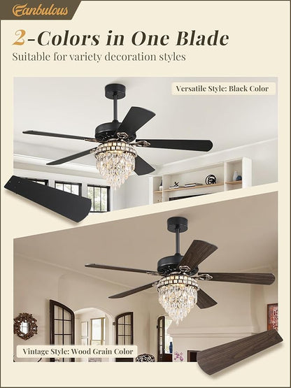 Fanbulous 52 Inch Farmhouse Fandelier Ceiling Fan with Light, Crystal Ceiling Fans Chandelier with 6 Speeds, Quiet Reversible Noiseless DC Motor, 3CCT, Indoor Ceiling Fan for Living Room Bedroom