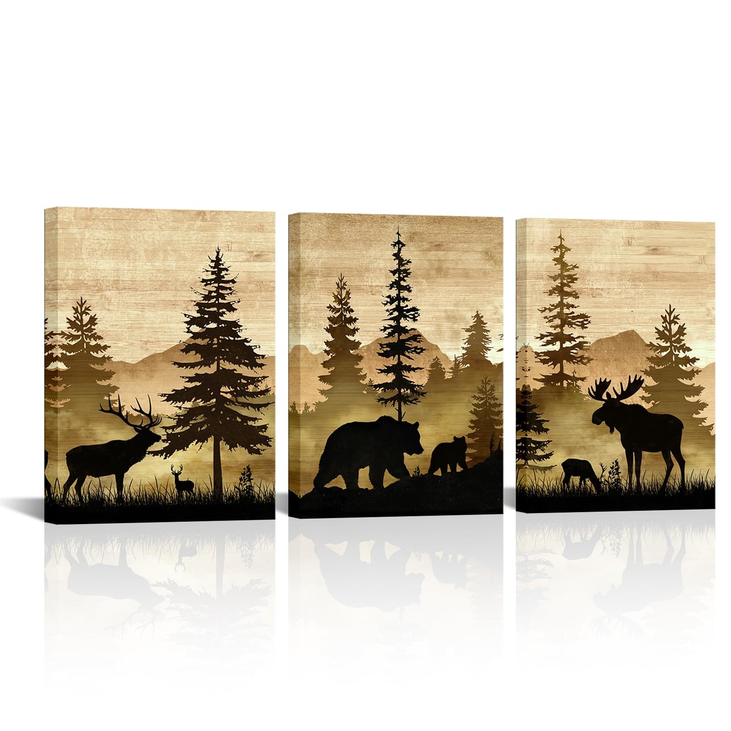 LyerArtork Cabin Decor Bear Moose Deer Canva Wall Art Animal Pictures Brown Woodland Rustic Farmhouse Wall Decor for Living Room Bathroom Bedroom 12x16inchx3 Pieces