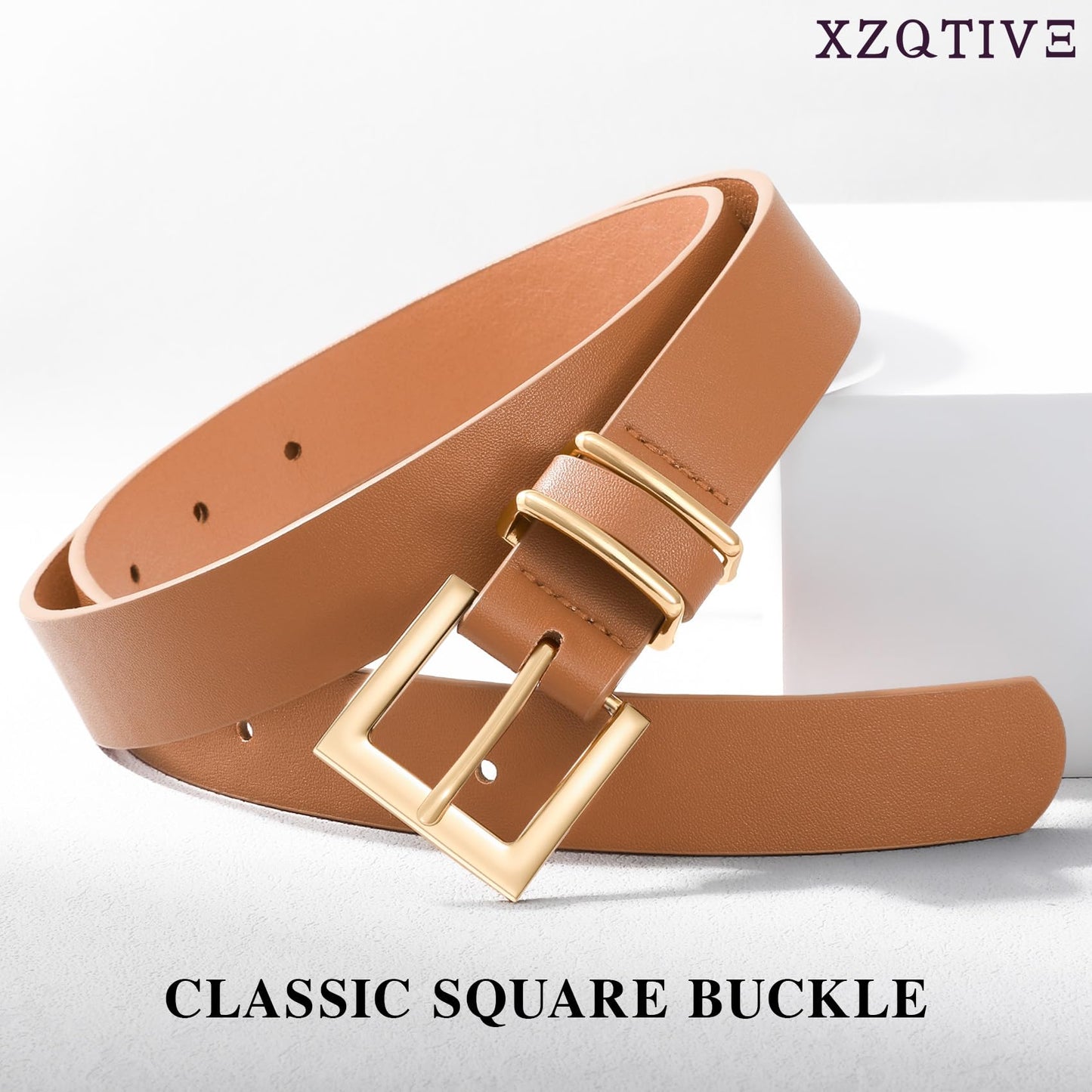 XZQTIVE Women Leather Belt with Gold Square Buckle,Stylish & Durable Waist Belt for Jeans,Pants & Dresses,Adjustable Fit,Classic Fashion Accessory