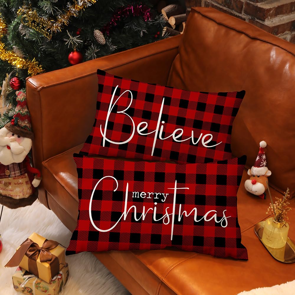 DFXSZ Christmas Throw Pillow Covers 12x20 Inch Set of 2 Merry Christmas Farmhouse Decorations Believe Holiday Decor Throw Cushion Case for Home Couch