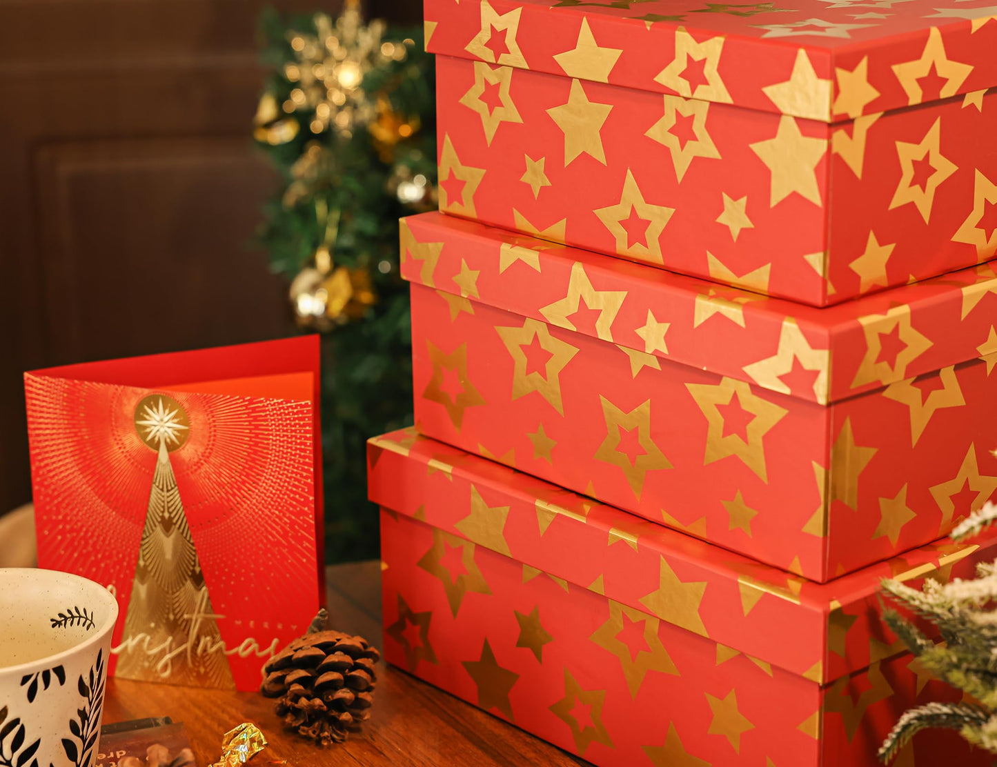 MIZFRUZZY 3-Piece Seasonal Holiday Boxes with Lids for Presents, Red Gold Star, Presentation Wrapping, Cardboard Paper Box for Holiday Parties, Hostess Gifts, Decorative Christmas Box