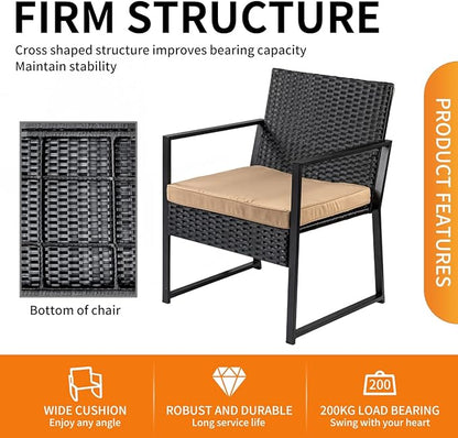 Patio Furniture Set,Wicker Bistro Set 3 Pieces Outdoor Furniture,Rattan Table and Patio Chairs Set for Balcony,Yard,Porch and Deck（Khaki