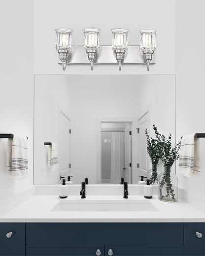 Brushed Nickel Bathroom Light, HWH 4-Light Vanity Lights for Bathroom Vanity Sconce Over Mirror, Wall Mounted Light Fixtures with Bell-Shaped Striped Glass, 5HZG106B-4W BN