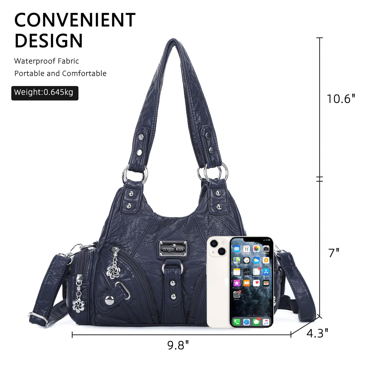 Angel Kiss Purses for Women Small Hobo Shoulder Bags Vagen Leather Multi-Pocket Tote Bag with Zipper (Blue)