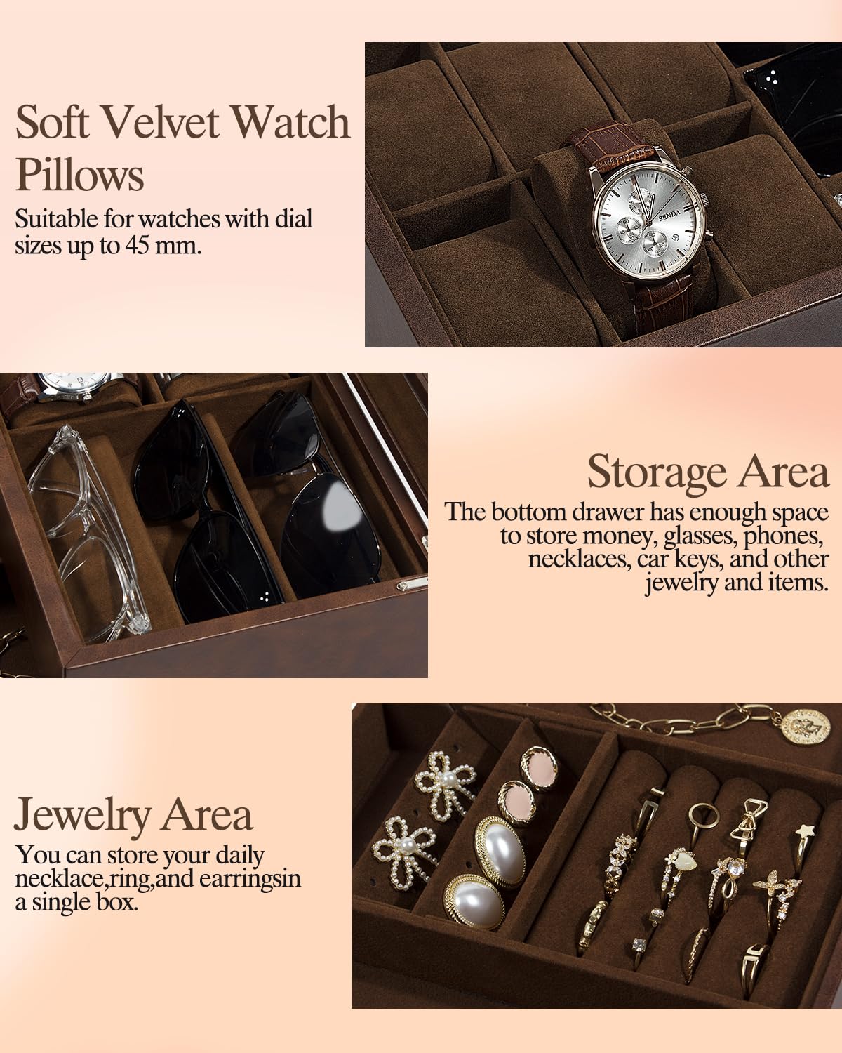 GUKA Watch box, 6 Slot Watch Case, 3 Slot Sunglass Organizer, Watch Cases for men with Real Glass Lid, Watch Organizer storage with Jewelry Case, Birthday for Men and Women,