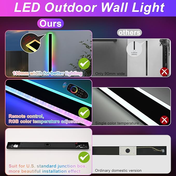 Modern Outdoor Wall Light,2 Pack RGB Led Wall Lights Fixture,32 inch Wall Sconce Lights,Dimmable Long Exterior lighting Fixtures with Control Remote,Outside RGB LED Long Lights for Porch,Patio,Garage