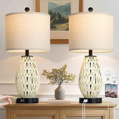White Rattan Table Lamps Set of 2, 3 Way Dimmable Touch Control Bedside Lamp for Nightstand with 2 USB Ports and AC Outlet, Woven Wicker Bedroom Lamp, Boho Farmhouse Lamps for Living Room End Table