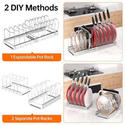 MUDEELA Pots and Pans Organizer Rack for under Cabinet, Expandable 11.81''-22.85'' Pot Lid Kitchen Cabinet Organizer Holder with 10 Adjustable Compartment Cutting Board Organizer for Pan Lid, Bakeware