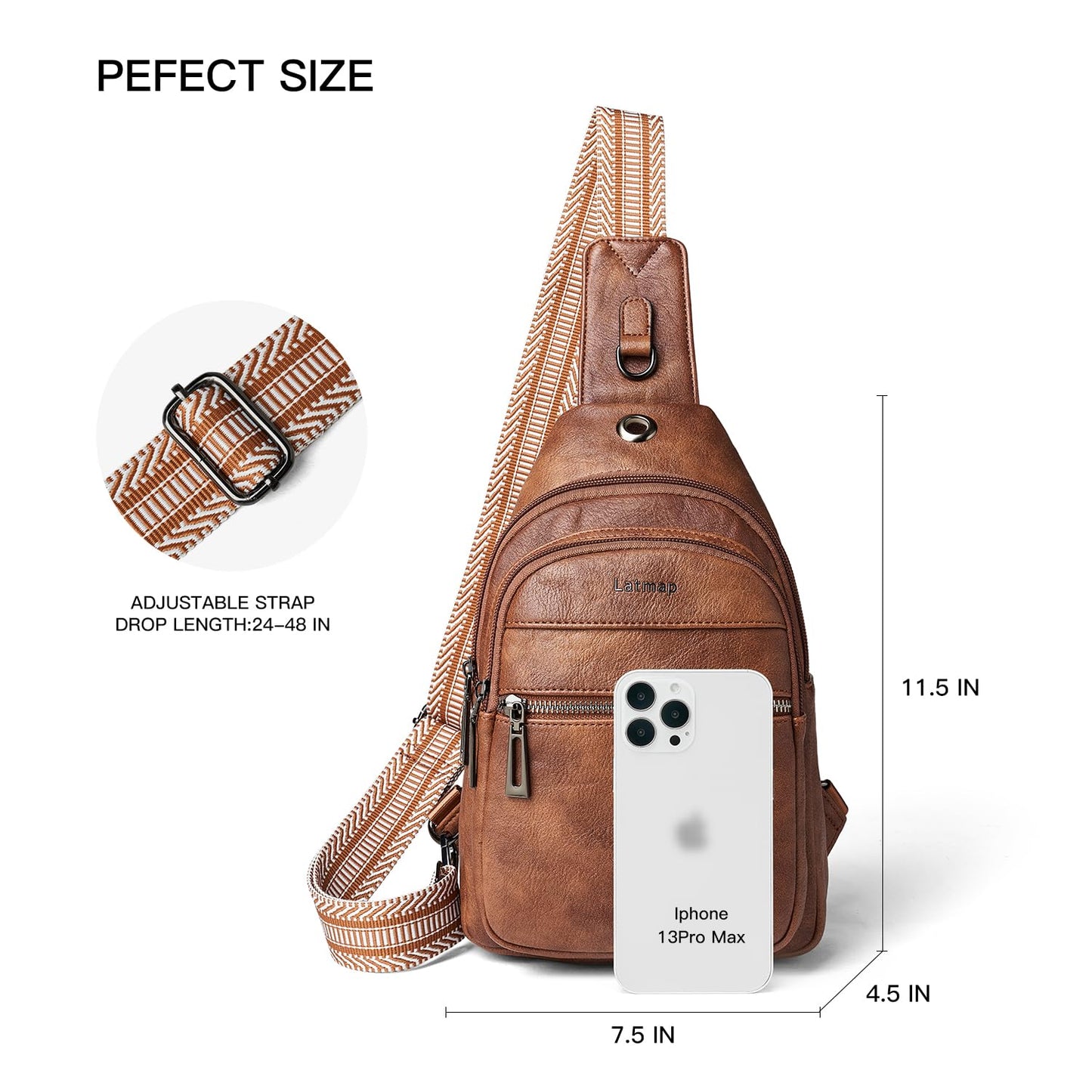 LATMAP 7L Sling Bag For Women Faux Leather Anti Theft Small Casual Daypack Backpack Fanny Pack Crossbody Chest Bags Purse Waterproof Brown