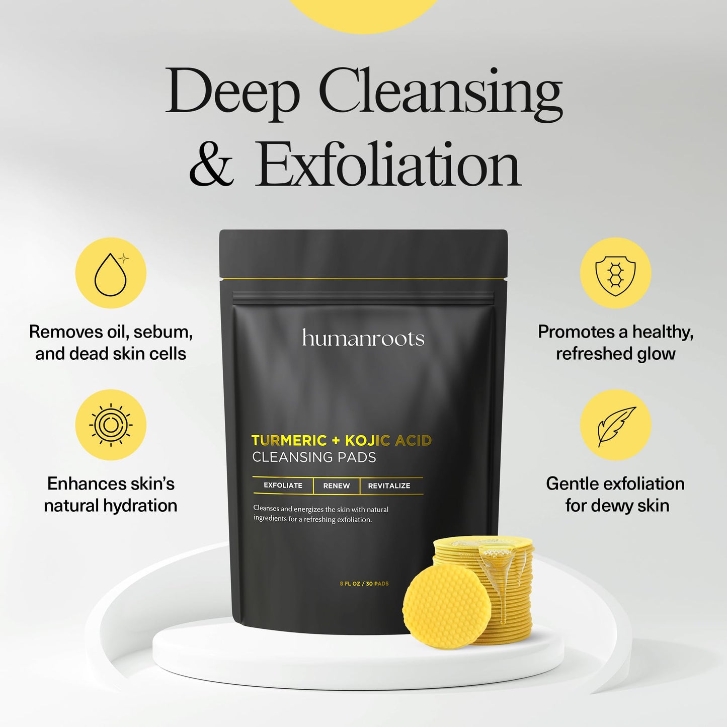 Turmeric Kojic Acid Cleansing Pads - Turmeric Face Scrub Pads with Vitamin C (30 Pads), Kojic Acid and Turmeric Cleansing Pads for Exfoliation - Made with Vitamin B5