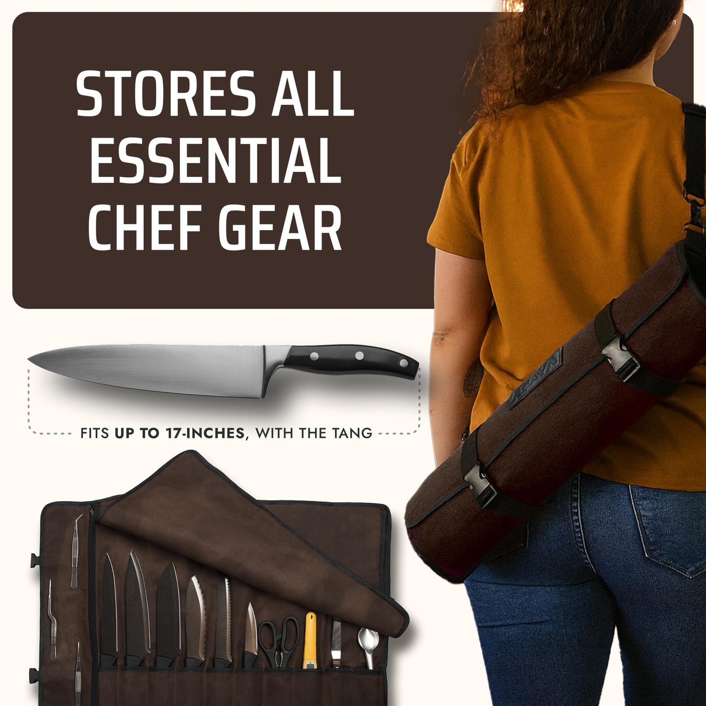 Asaya Waxed Canvas Chef Knife Roll Bag with 10 Slots and a Zipper Pocket - Professional Chef Knife Bag & Storage Case, with Shoulder Strap - Knives Not Included (Brown)