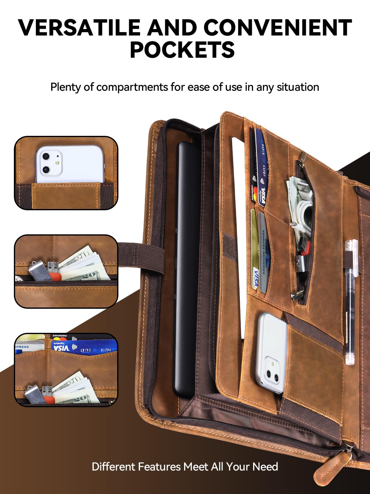Carpetene Genuine Leather Portfolio, Professional Padfolio Binder Organizer with Zipper, Stylish Brown Cowhide Padfolio for Men Women, Leather Folio Folder for Business, Legal A4/Pad Holder Compatible