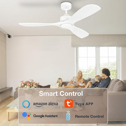 52” Wood Smart Ceiling Fans with Lights Remote,Quiet DC Motor,Outdoor Indoor Ceiling Fan,Voice Control via WIFI Alexa App,Dimmable,Modern White Lighting& Ceiling Fan for Bedroom Patio Porch