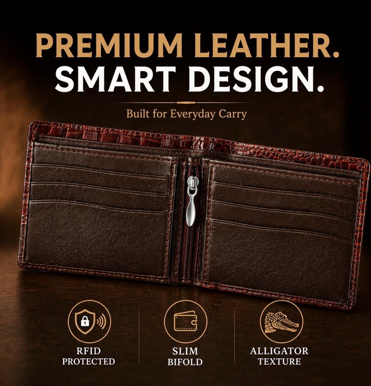 Beaaric Men’s Leather Wallet RFID Blocking Slim Bifold Wallet for Men with 9 Card Slots, 1 ID Window, 2 Hidden Pockets, Zip Coin Pocket & 2 Cash Compartments Stylish Brown Crocodile Pattern