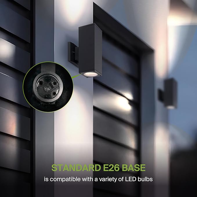 ASD 2 Light Square Outdoor Wall Light Fixture | 120W E26 Socket 120V ETL Cylinder Up Down Lights | LED/CFL/Incandescent Bulb Exterior Wall Sconce | Front Door, Porch, Patio Lighting | Black