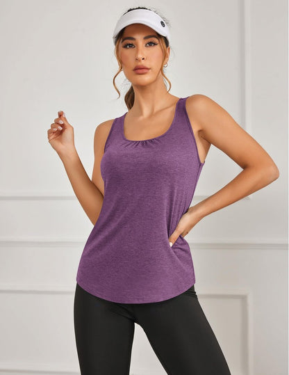 PINSPARK Workout Tops for Women Sleveless Exercise Tops Loose Fit Yoga Tank Top Quick Dry Racer Back Athletic Running Shirts,Fuchsia/Dark Grey 3XL