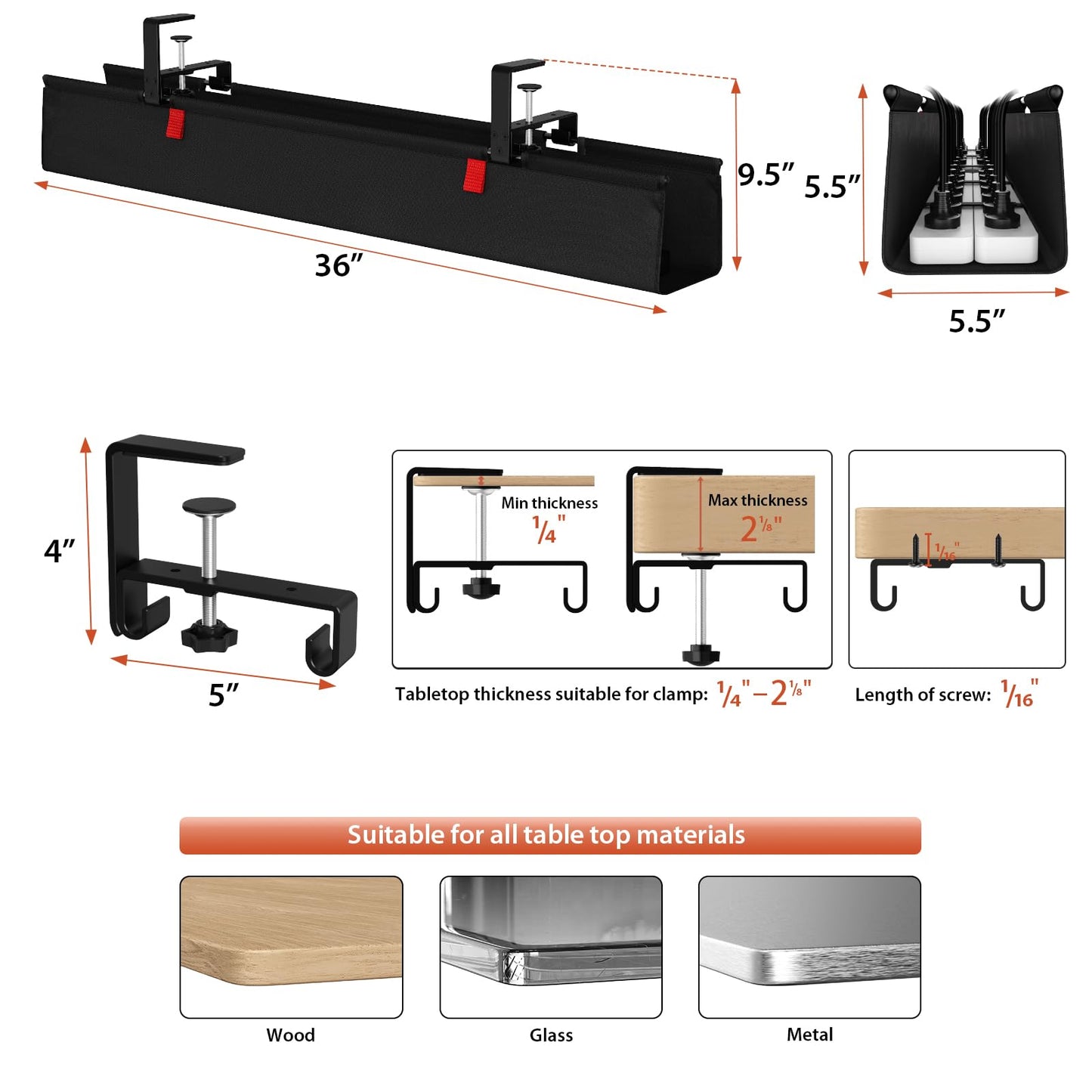 Univivi No Drill Under Desk Cable Management Tray, 36" Cord Organizer for Table, Clamp/Screw Mount Desk Cable Management, Premium Fabric Cable Management Tray for Office, Home