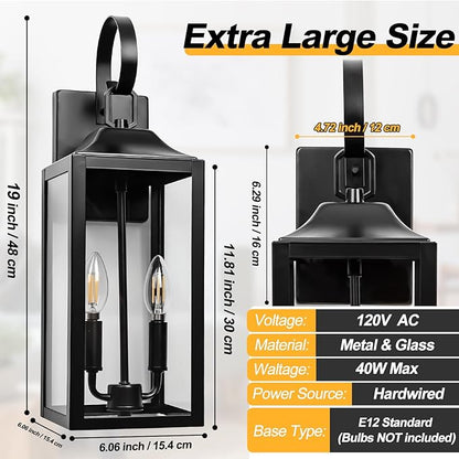 19" Black Outdoor Wall Lantern 2-Light, Large Outside Modern Porch Sconce Light Fixture, Industrial Porch Light Wall Mount with Glass, Waterproof Farmhouse Exterior Lamp Lighting （1 Pack）