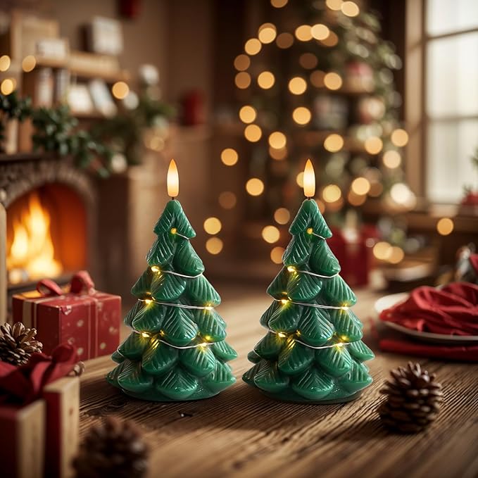 Homemory Christmas Tree Candles with Remote, 2 Pcs Waxy LED Flameless Candles Flickering, Green Electric Lights Battery Operated for New Year Celebration Holiday Decorations 7.5 Inches