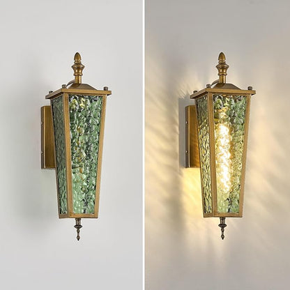 Outdoor Wall Light,Vintage Gold E26 Base 16.7in - Exterior Waterproof Lantern Metal with Green Glass,Farmhouse Porch Sconce Wall Mount Lighting,for Garage,Patio,Front Door,Entryway