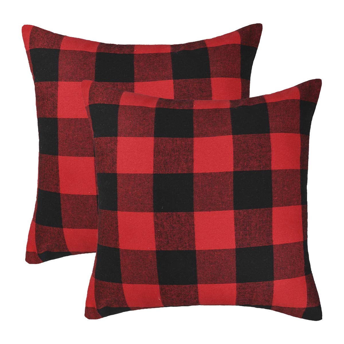 4TH Emotion Set of 2 Christmas Buffalo Check Plaid Throw Pillow Covers Cushion Case Polyester for Farmhouse Home Decor Red and Black, 18 x 18 Inches