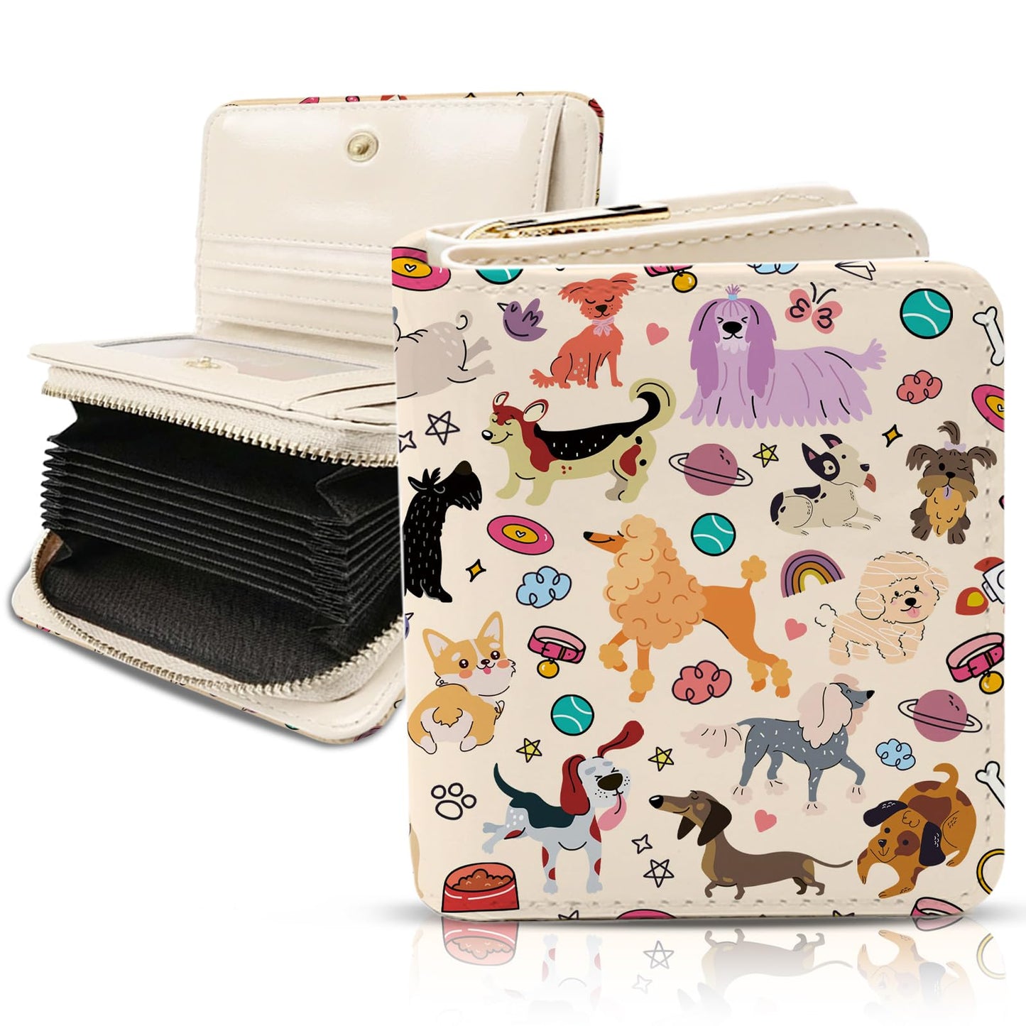 Wazzio Cute Dog Wallet for Women, PU Leather Accordion Wallet, Credit Card Holder with 1 ID Window 14 Card Slots, Zipper Coin Purse for Ladies Girls Teen Female