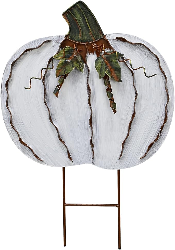 Metal Pumpkin Stakes Yard Signs Fall Decor Decorative Garden Stake Lawn Pumpkins Ornaments Outdoor Autumn Decoration for Harvest Halloween Thanksgiving (17.5" H White)