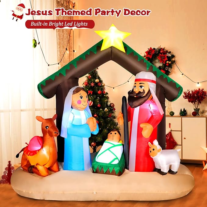 7FT Christmas Inflatable Nativity Scene with Baby Jesus, Parents, Donkey, Sheep, Star, Blow Up Manger Set Indoor & Outdoor Decorations, Built-in LED Lights for Garden, Lawn, Yard, Christmas Parties