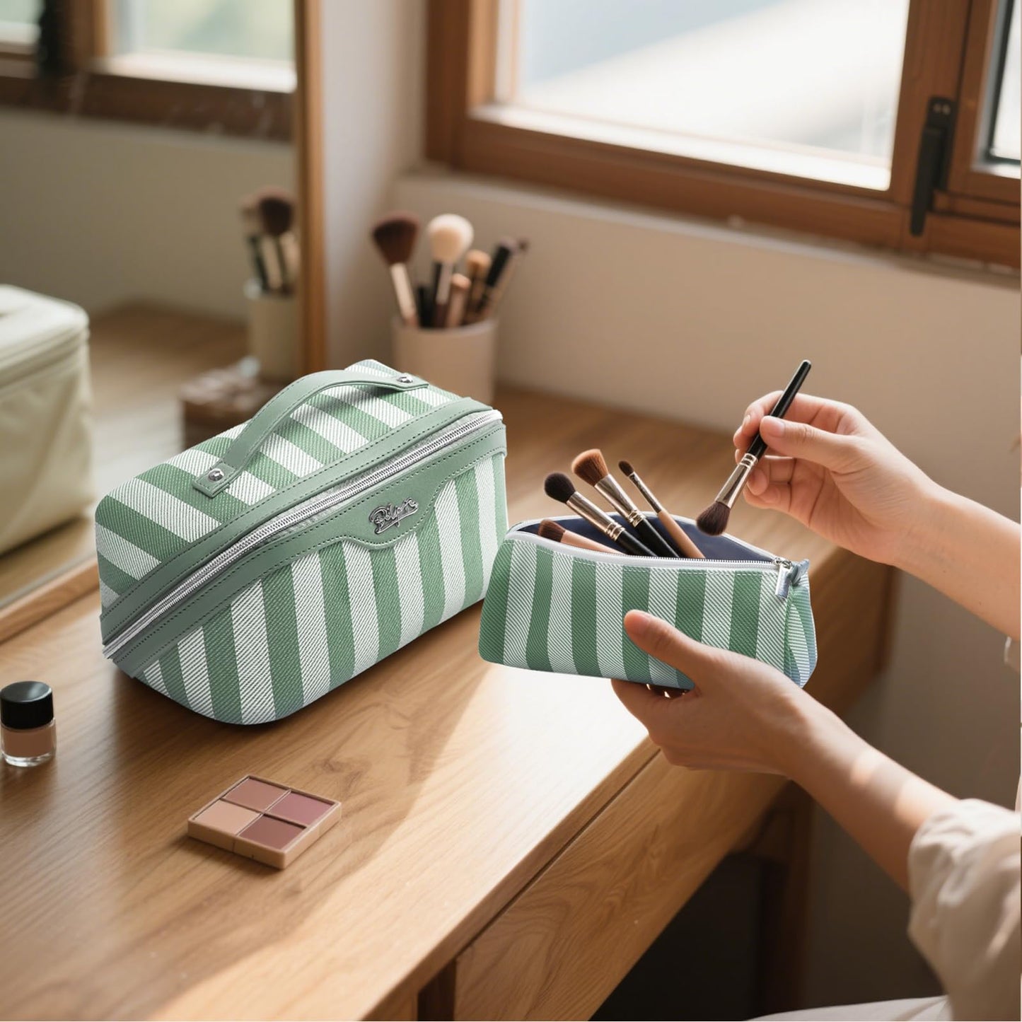 BOYATU Travel Makeup Bag Cosmetic Bag for Women: 3 Pcs Set Striped Make up Bag with Compartments - Waterproof Vegan Leather Toiletry Bag with Handle - Makeup Organizer for Travel Essentials(A-2-Green)