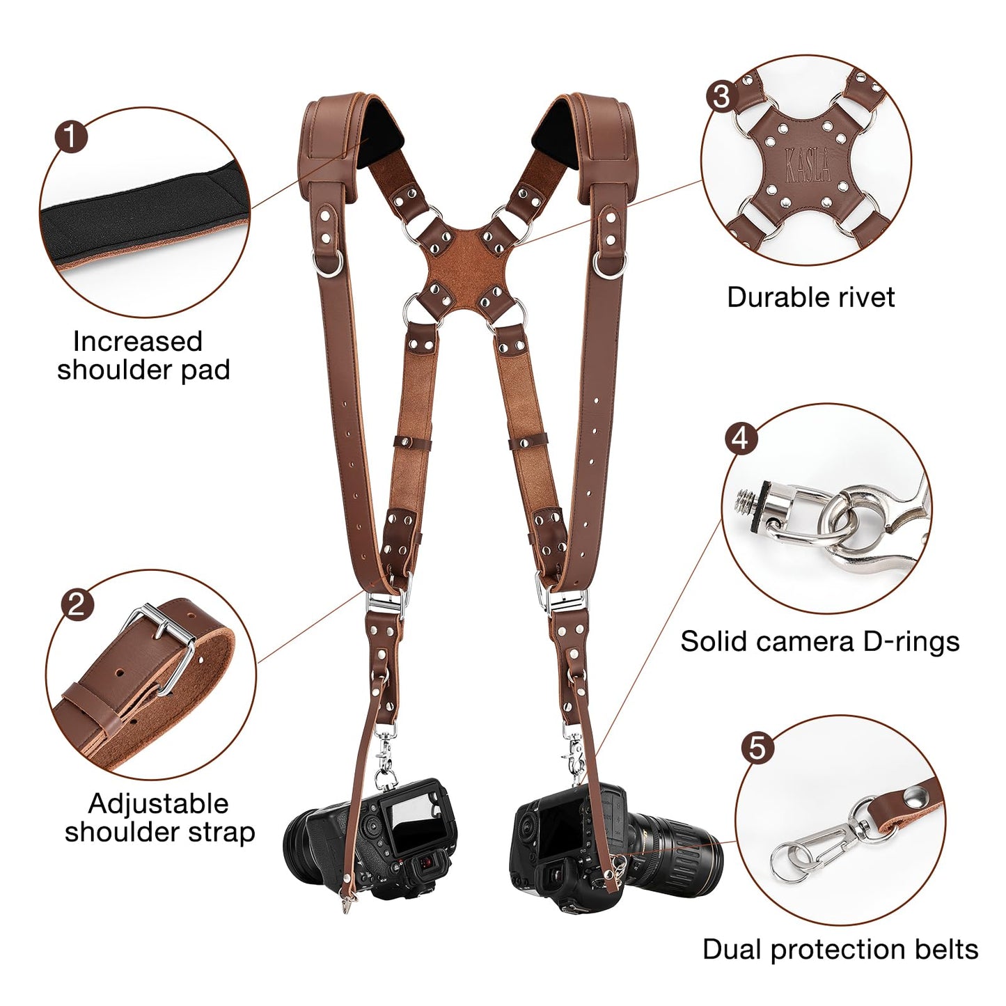 Kasla Camera Strap, Camera Straps for Photographers, Leather Dual Camera Strap for Two DSLR/SLR Cameras (Brown, Upgrade)
