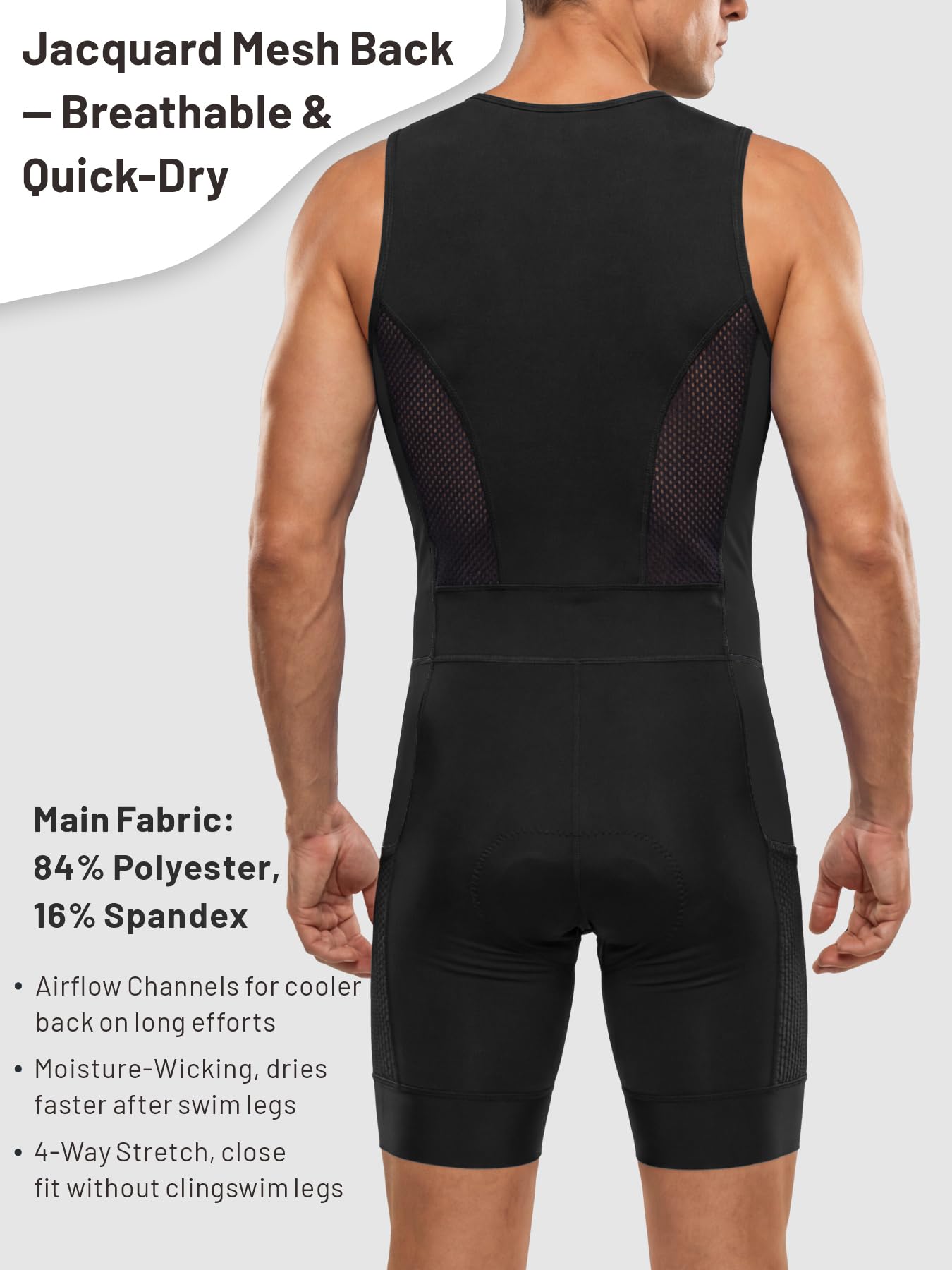 Men's Triathlon Suit Sleeveless One-Piece Trisuit for Swim Bike Run, Aero Fit, Race & Training Suit, 2 Mesh Pockets Black